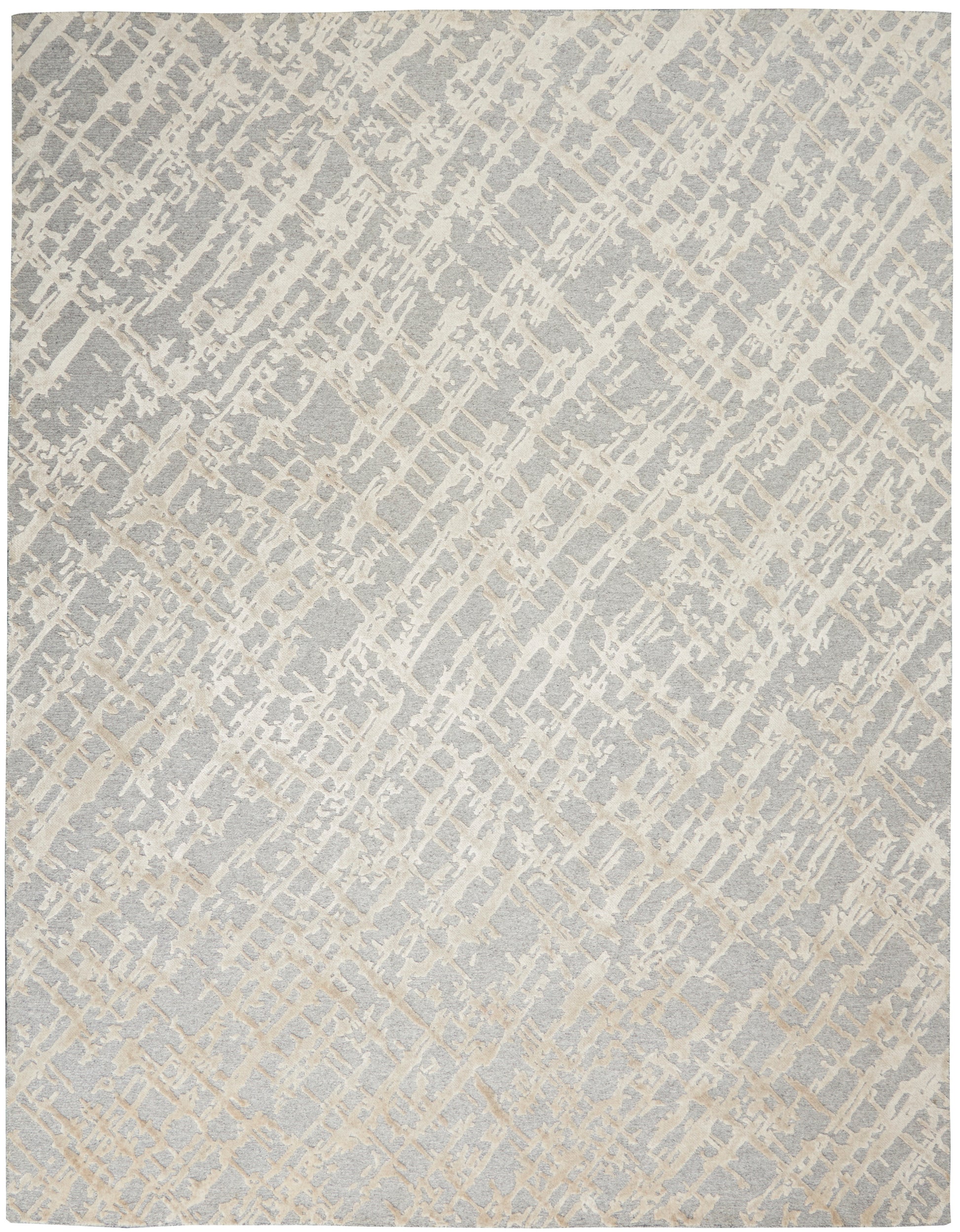 Neutral grey and ivory abstract rug with diagonal lattice texture; modern, versatile floor decor.