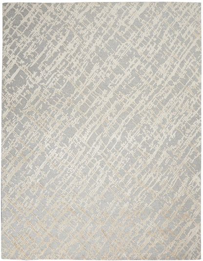 Neutral grey and ivory abstract rug with diagonal lattice texture; modern, versatile floor decor.