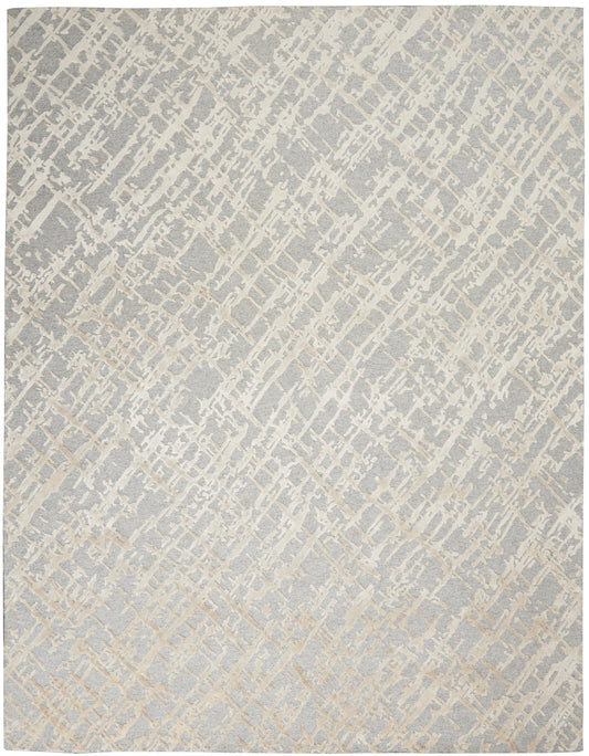Neutral grey and ivory abstract rug with diagonal lattice texture; modern, versatile floor decor.