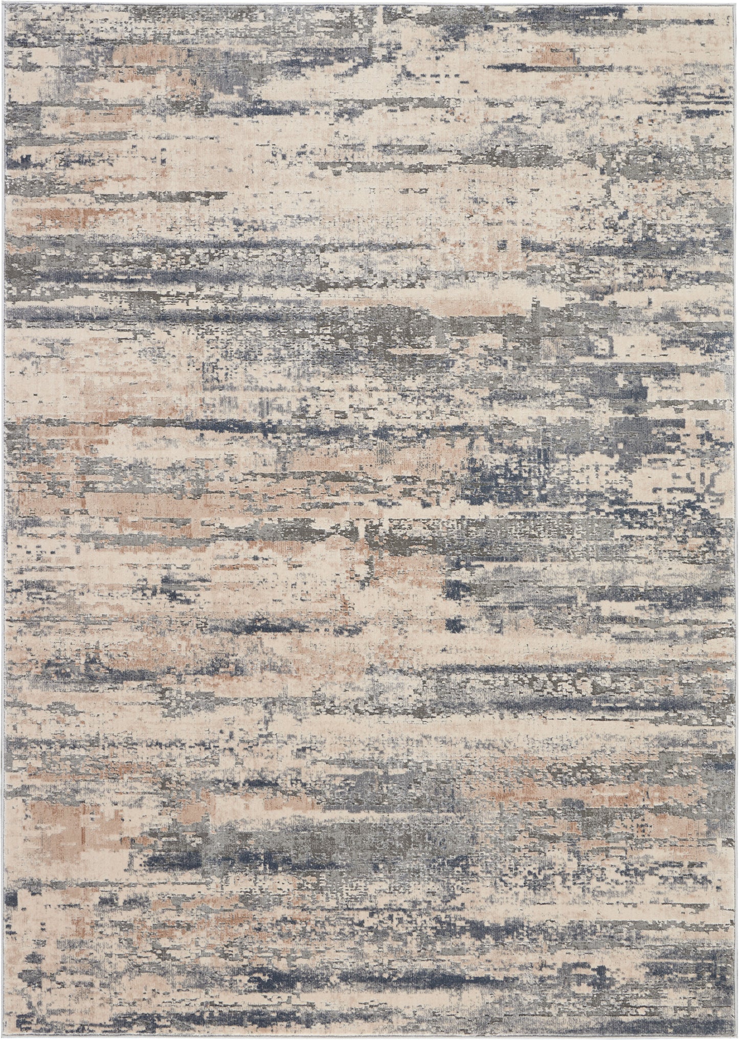Abstract distressed area rug in beige, gray, navy and peach tones; modern rectangular with irregular streaks.