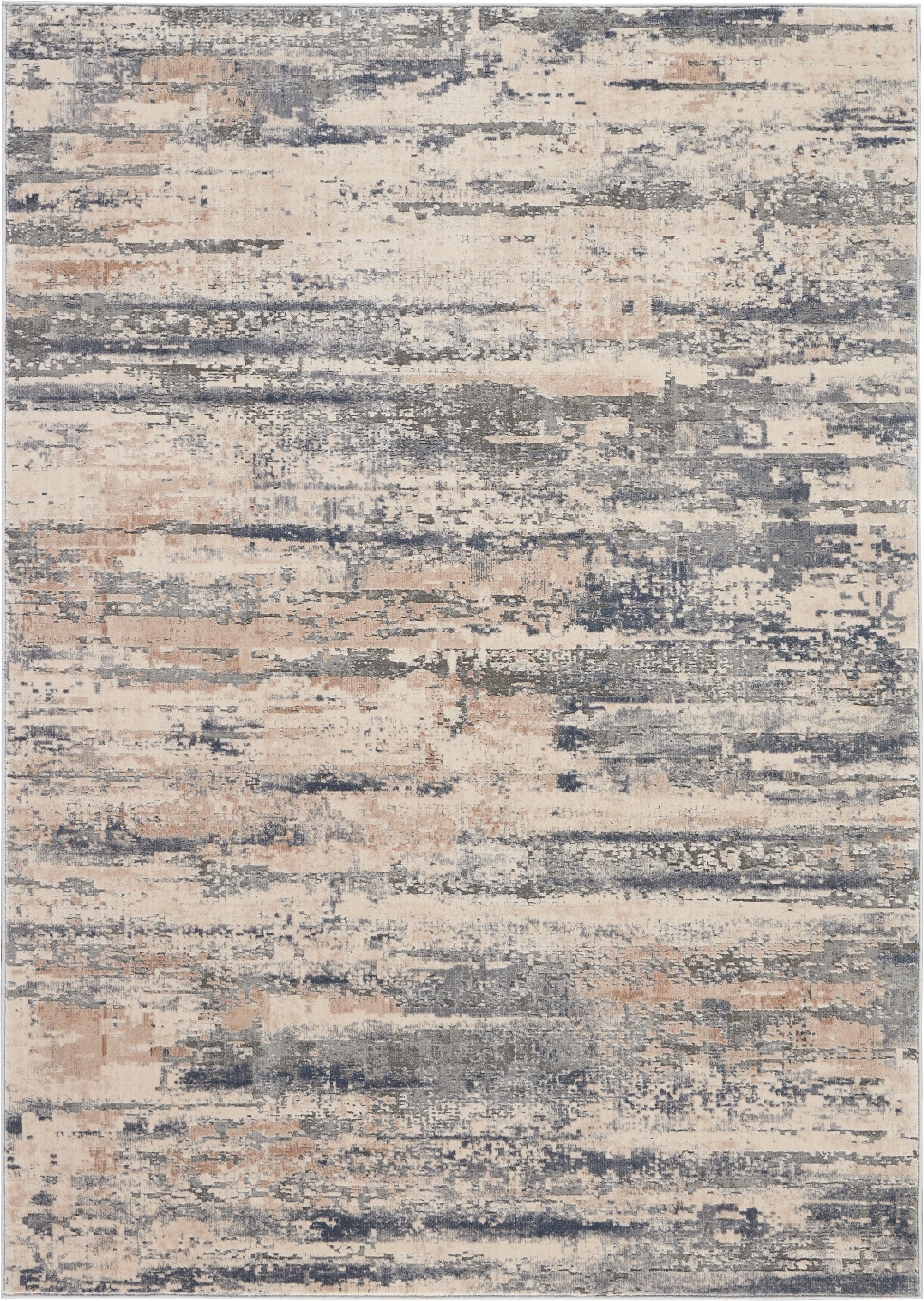 Abstract distressed area rug in beige, gray, navy and peach tones; modern rectangular with irregular streaks.