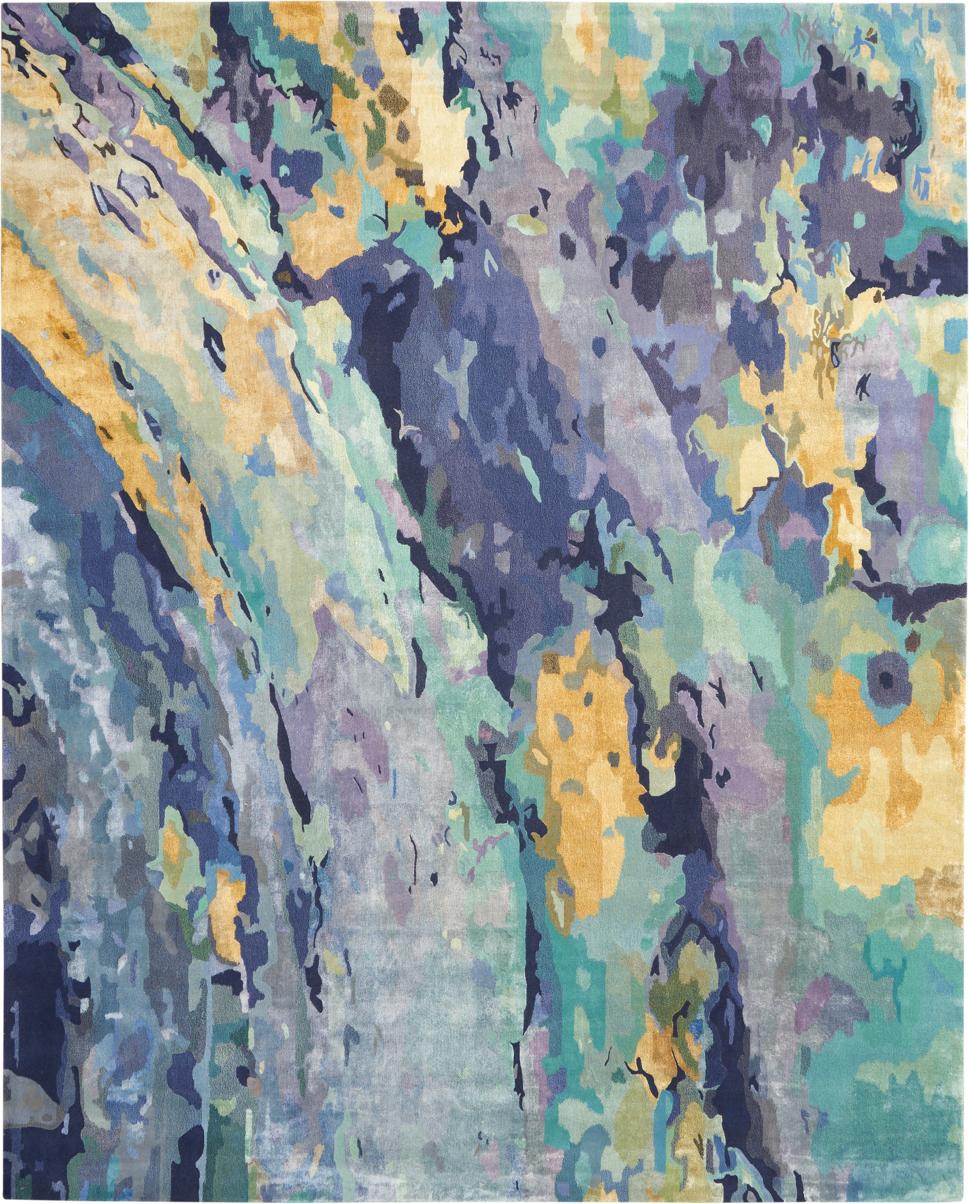 Abstract landscape rug with teal, blue, green, purple and gold patches in a canyon-like, irregular pattern.