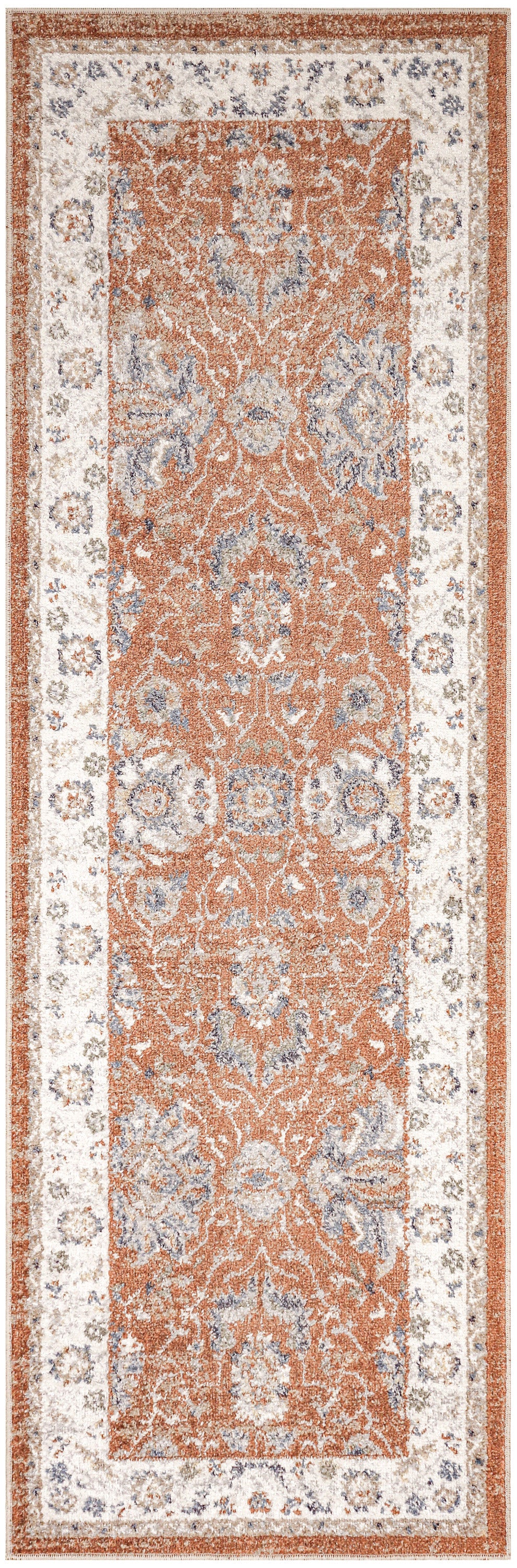 Persian-style runner rug with orange central field, intricate blue-gray floral motifs, ivory border and ornate trim.