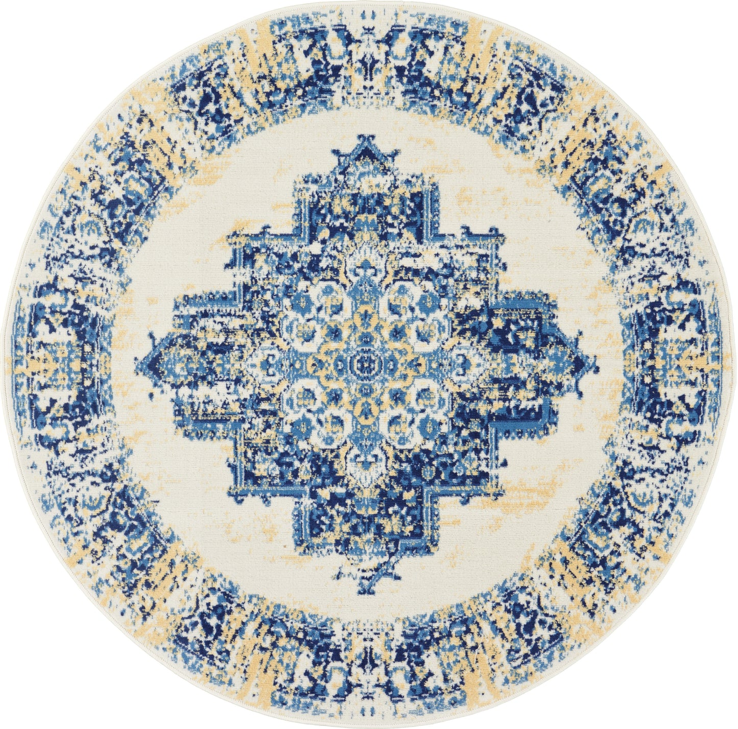 Round area rug in blue and cream tones with an intricate distressed oriental medallion pattern.