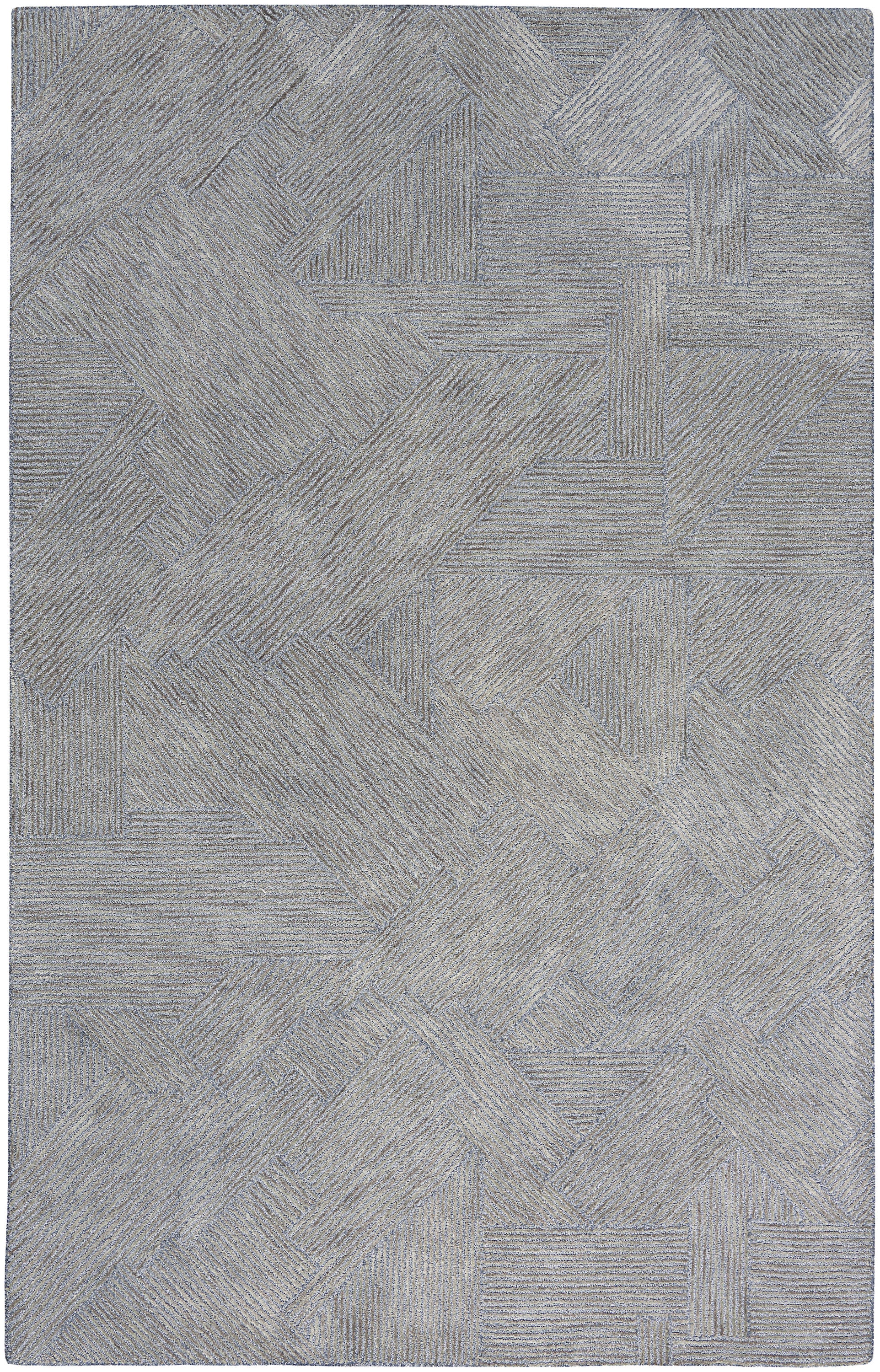 Gray-blue textured area rug with geometric, interlocking rectangular patterns and linear stripe detailing.