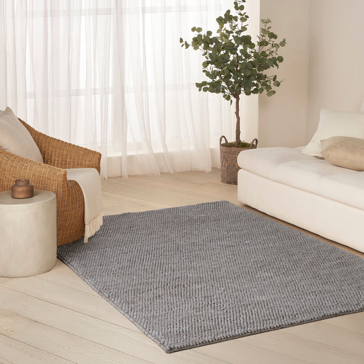 Bright living room with a gray textured rug between a beige sofa & wicker armchair, potted plant, sheer curtains.