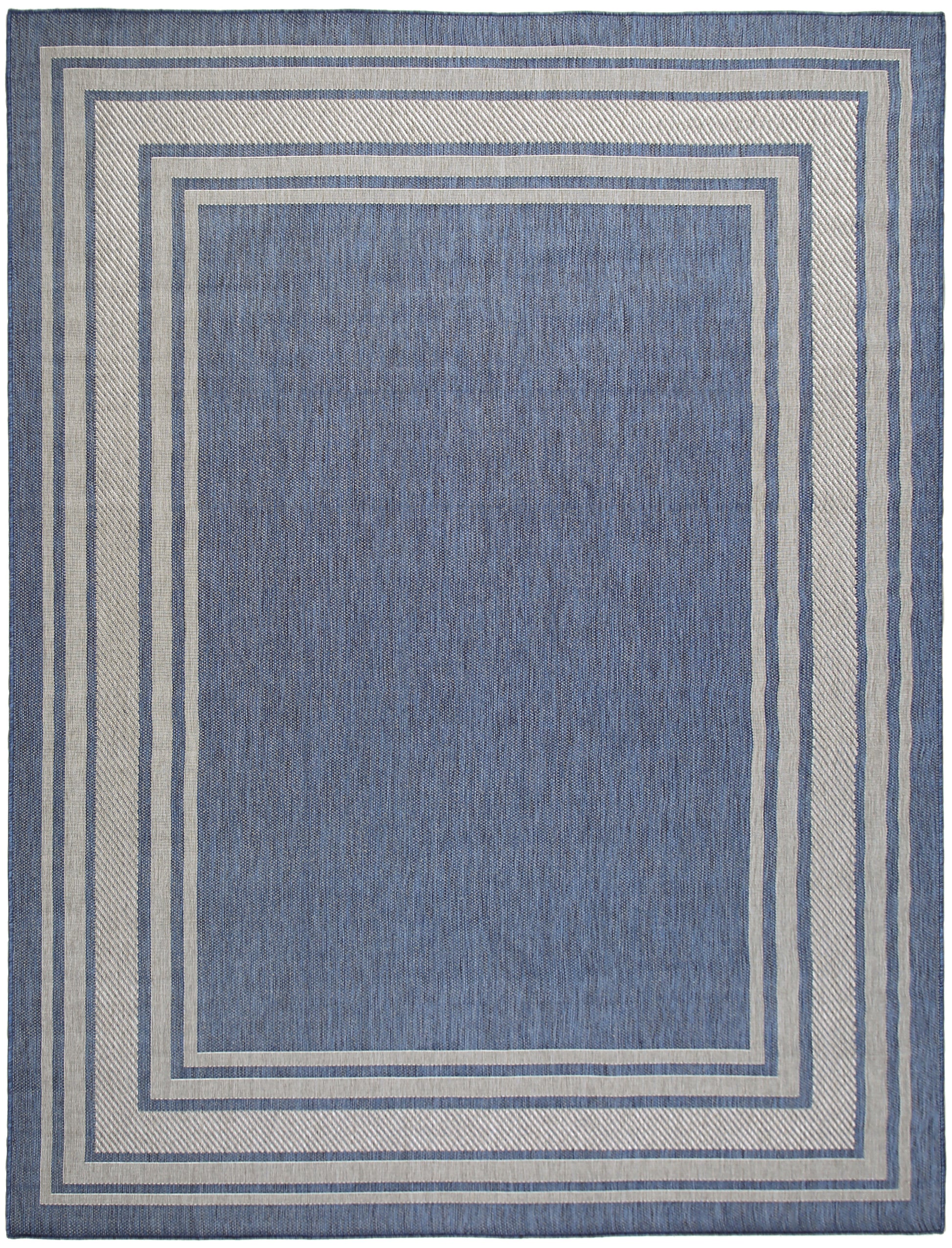 Blue area rug with nested cream and blue borders forming concentric rectangles; woven texture, rectangular shape.