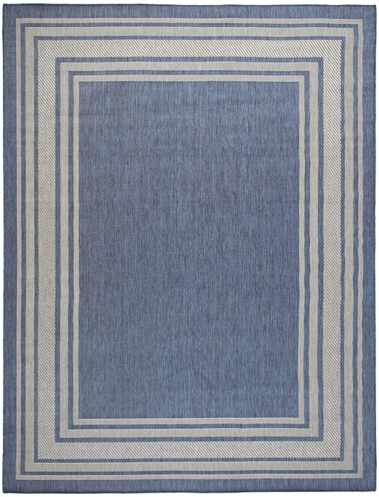 Blue area rug with nested cream and blue borders forming concentric rectangles; woven texture, rectangular shape.
