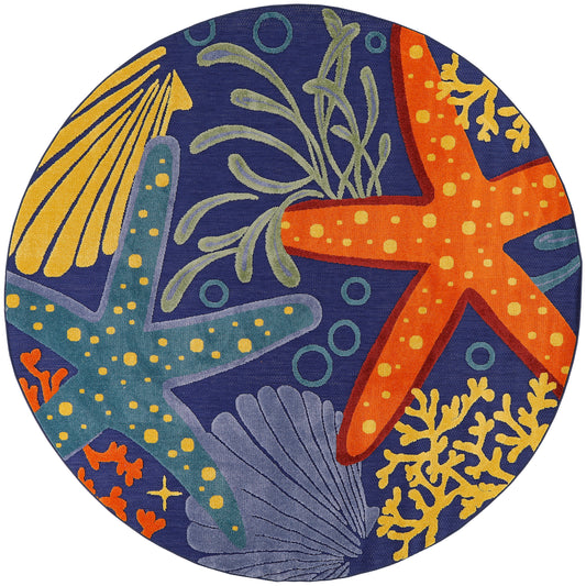 Round coastal rug with blue background, orange and turquoise starfish, yellow coral, seaweed and bubbles.