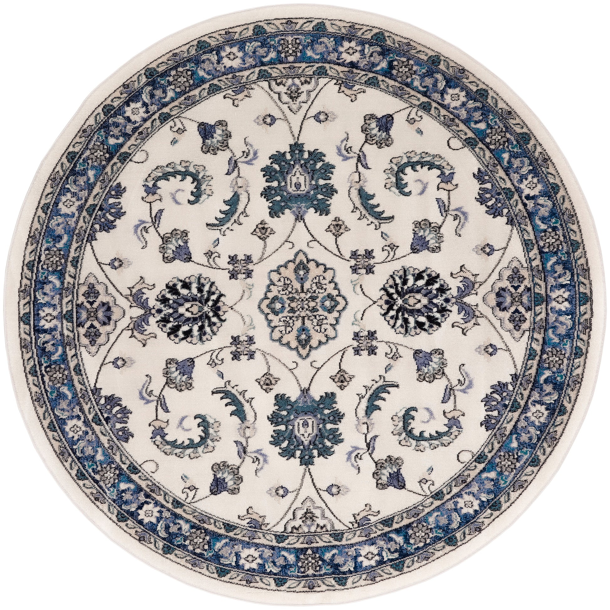 Round oriental rug with cream background and intricate blue-teal floral damask pattern, framed by a blue floral border.