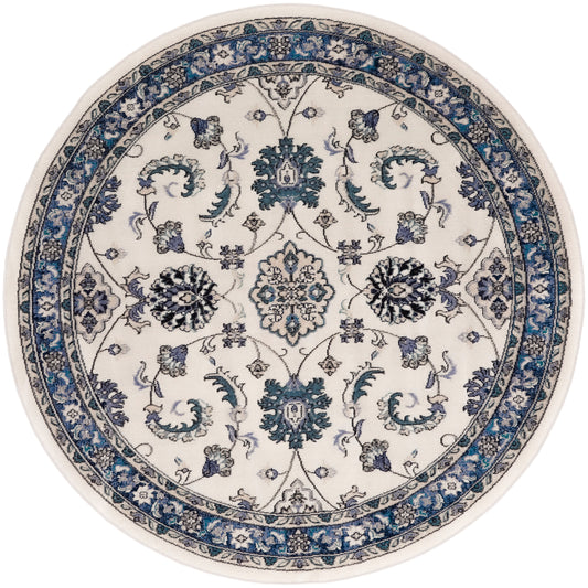 Round oriental rug with cream background and intricate blue-teal floral damask pattern, framed by a blue floral border.