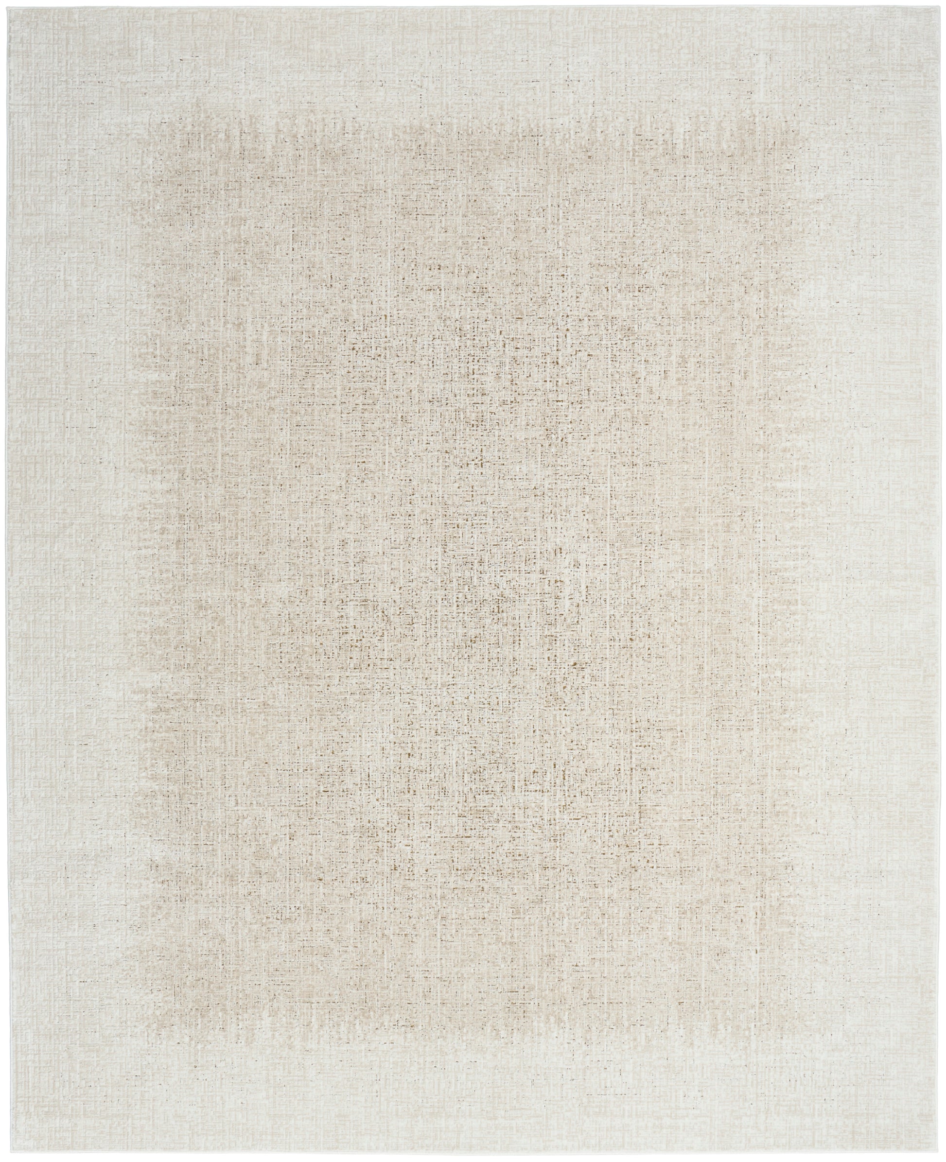 Neutral beige area rug with subtle feathered shading and linen texture.