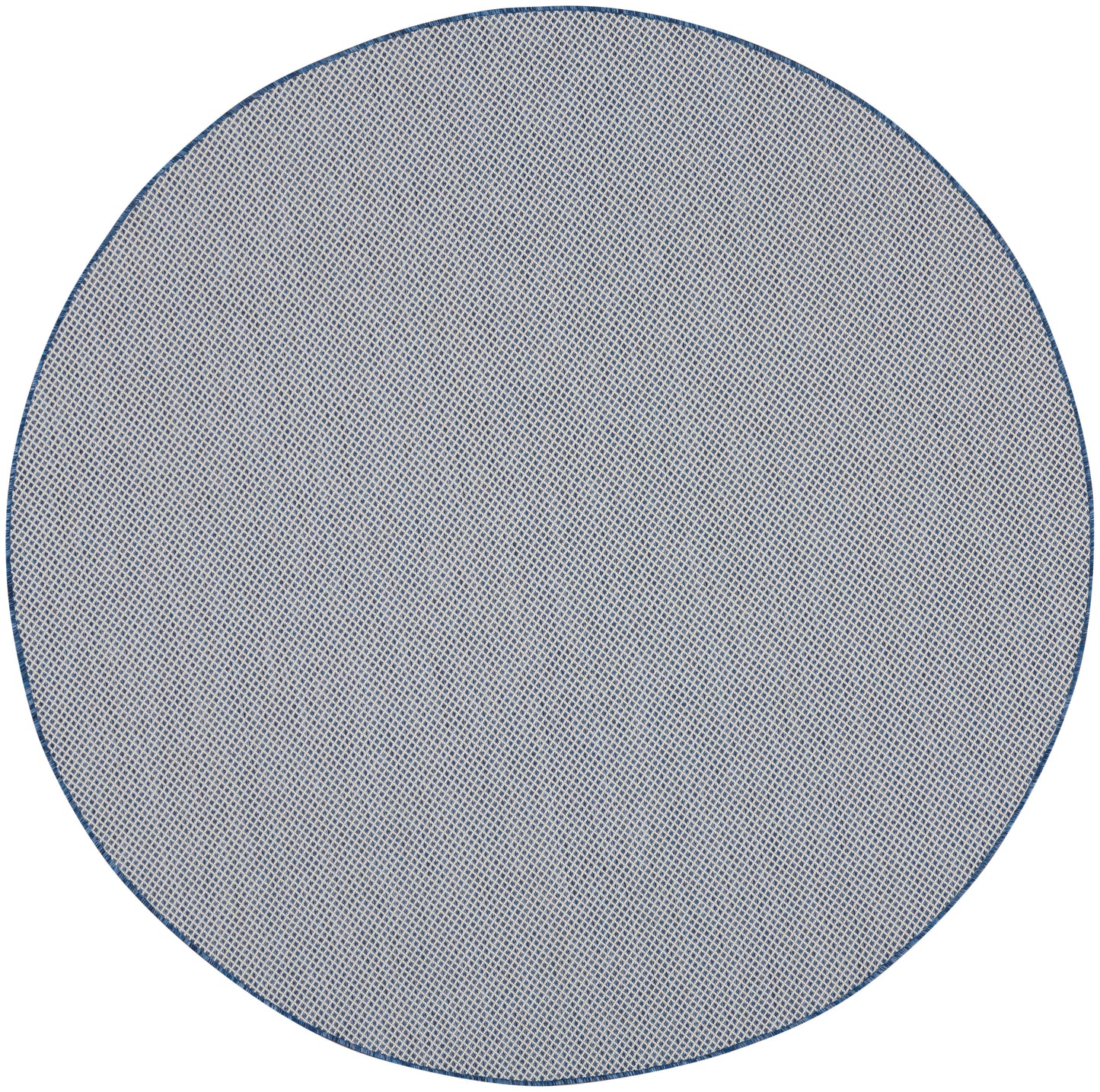 Round blue-gray rug with a fine dotted weave and navy border.