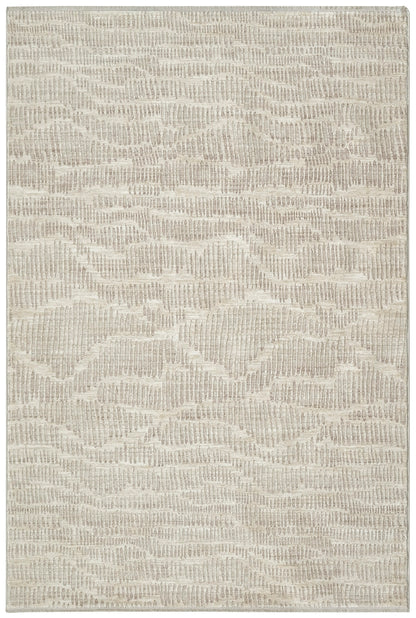 Cream-beige area rug with a subtle raised wavy geometric pattern in neutral tones.