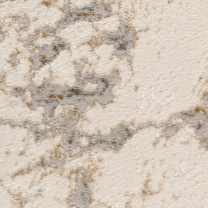 Cream-beige plush rug with textured pile and gray marbled pattern.