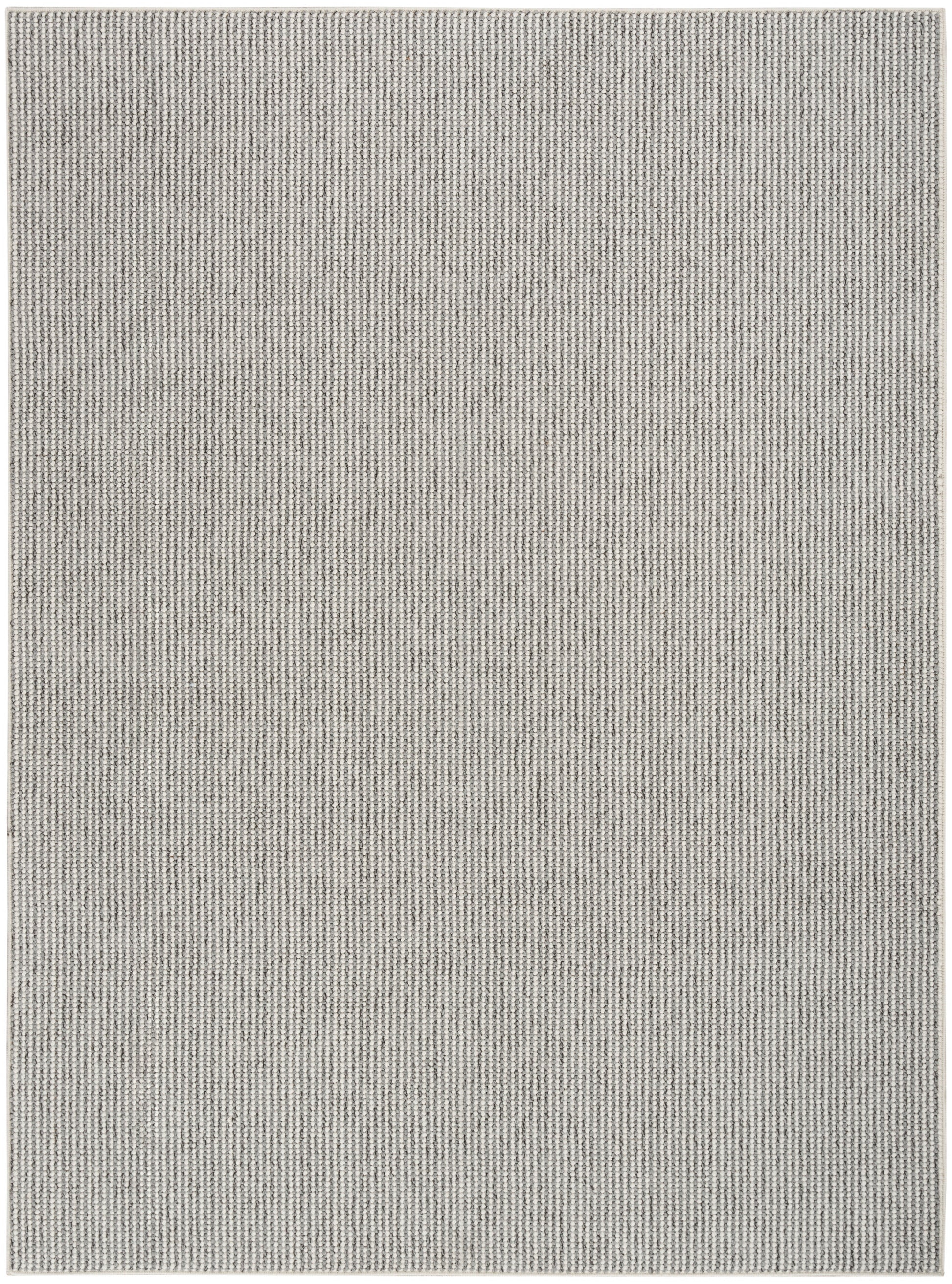 Rectangular beige-gray woven rug with subtle vertical stripe texture.