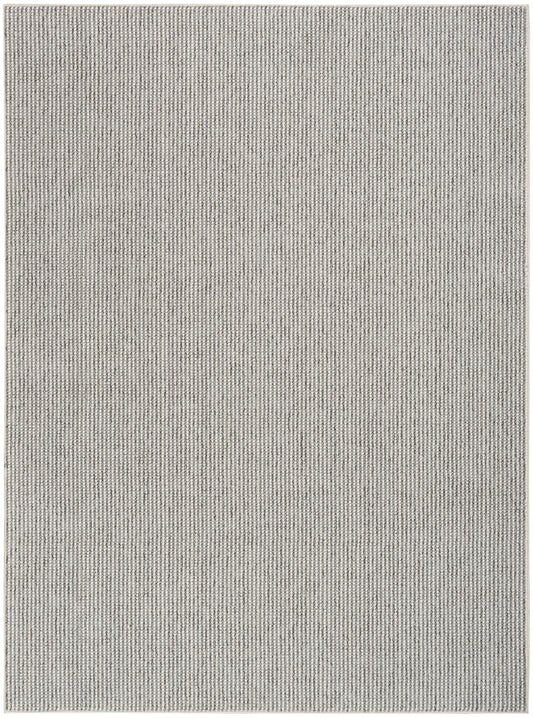 Rectangular beige-gray woven rug with subtle vertical stripe texture.
