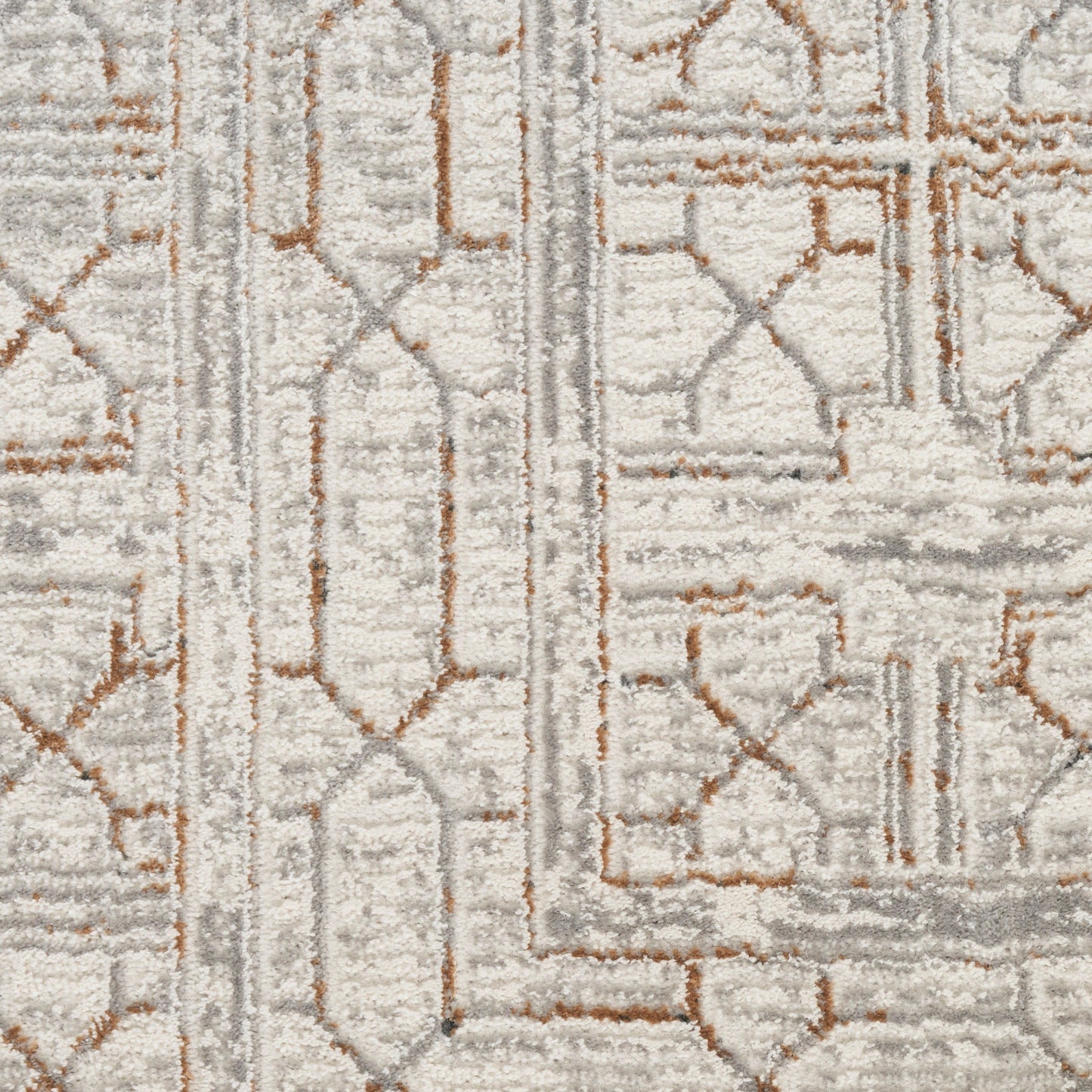 Cream, gray and tan geometric shag rug with Moroccan lattice pattern; plush, modern floor decor.