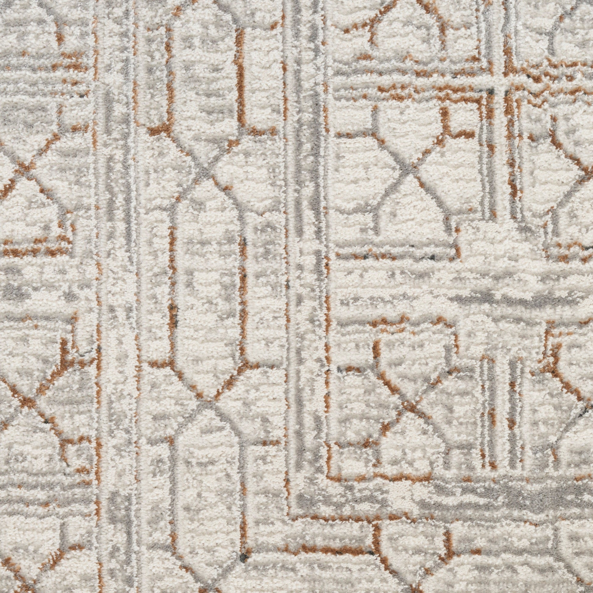Cream, gray and tan geometric shag rug with Moroccan lattice pattern; plush, modern floor decor.