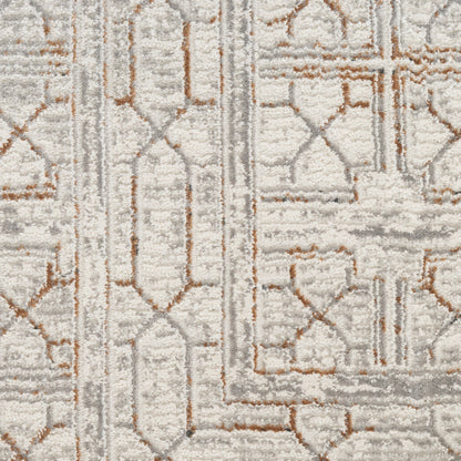 Cream, gray and tan geometric shag rug with Moroccan lattice pattern; plush, modern floor decor.
