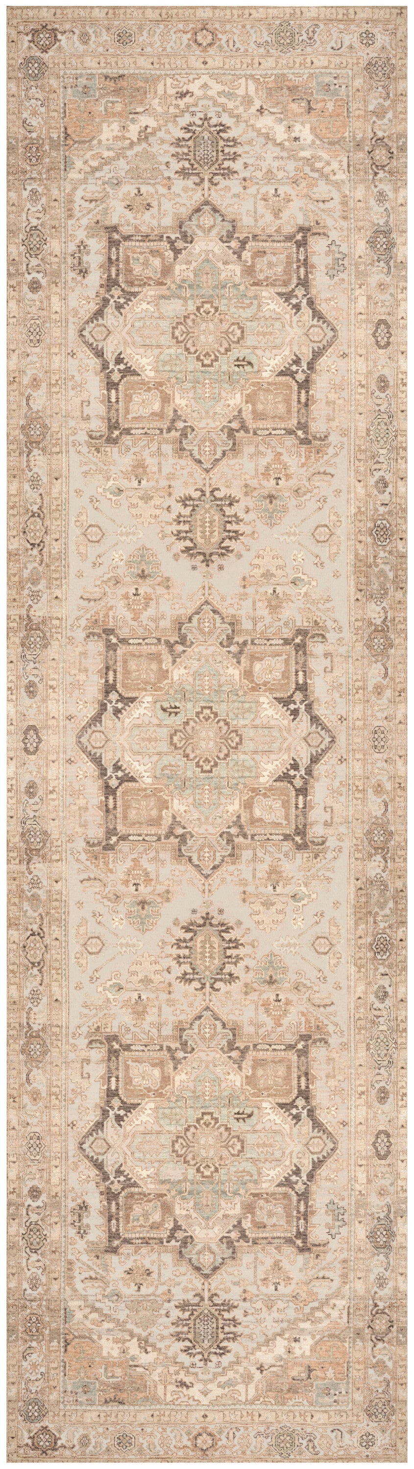 Beige Persian-style hallway runner rug with repeating medallions and ornate border in cream, taupe, and brown tones.