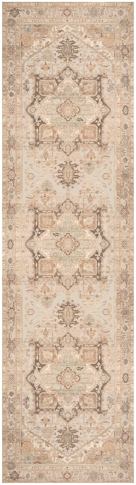 Beige Persian-style hallway runner rug with repeating medallions and ornate border in cream, taupe, and brown tones.
