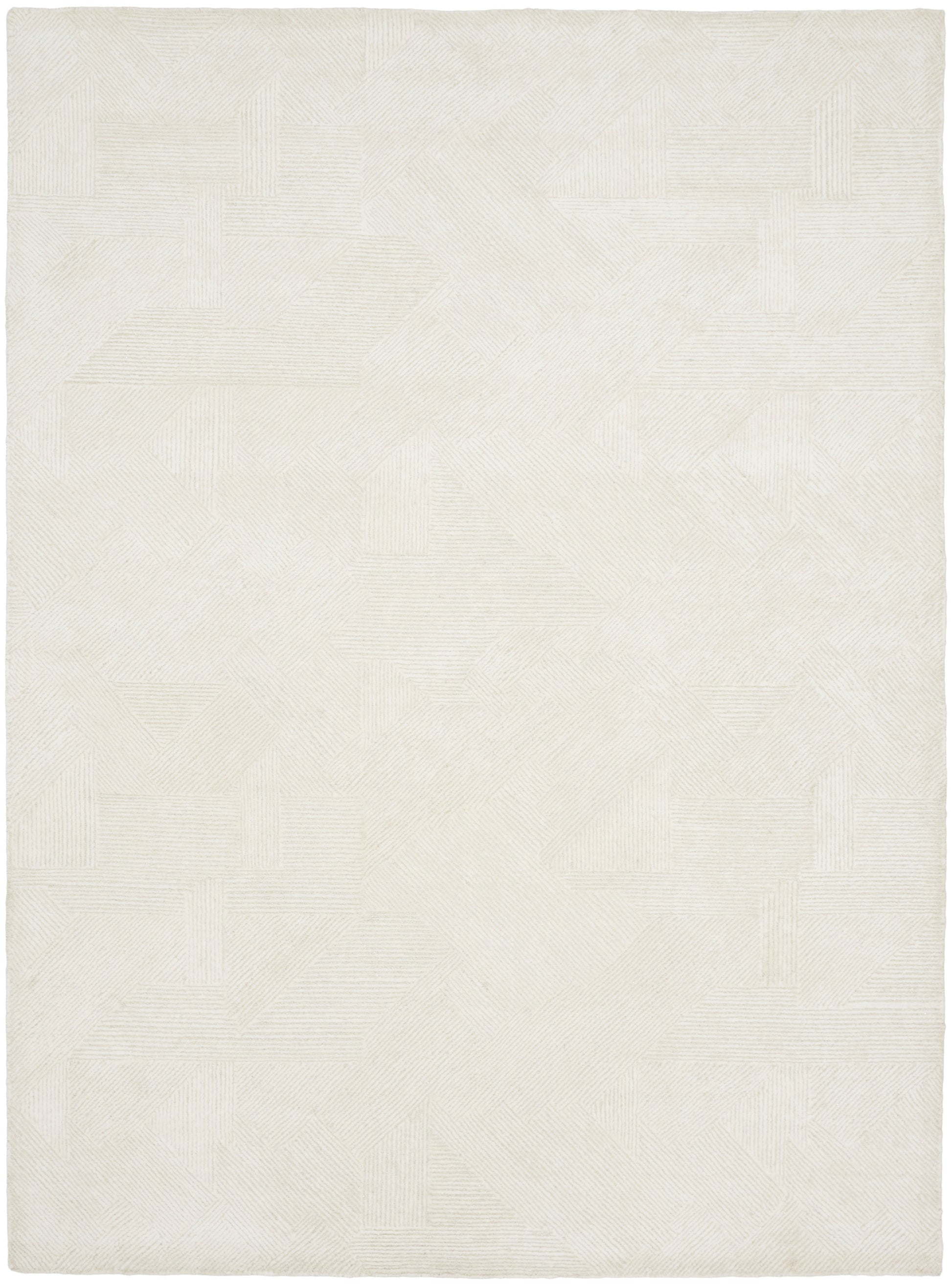 Cream woven rug with subtle geometric patchwork in tonal lines.