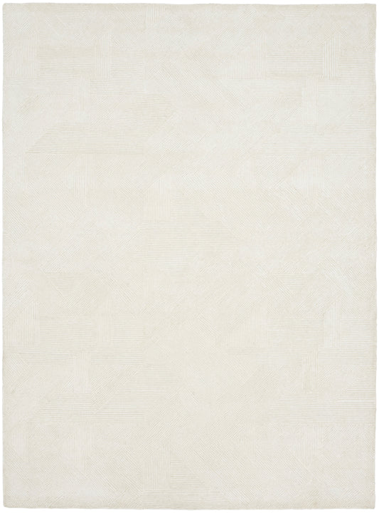 Cream woven rug with subtle geometric patchwork in tonal lines.