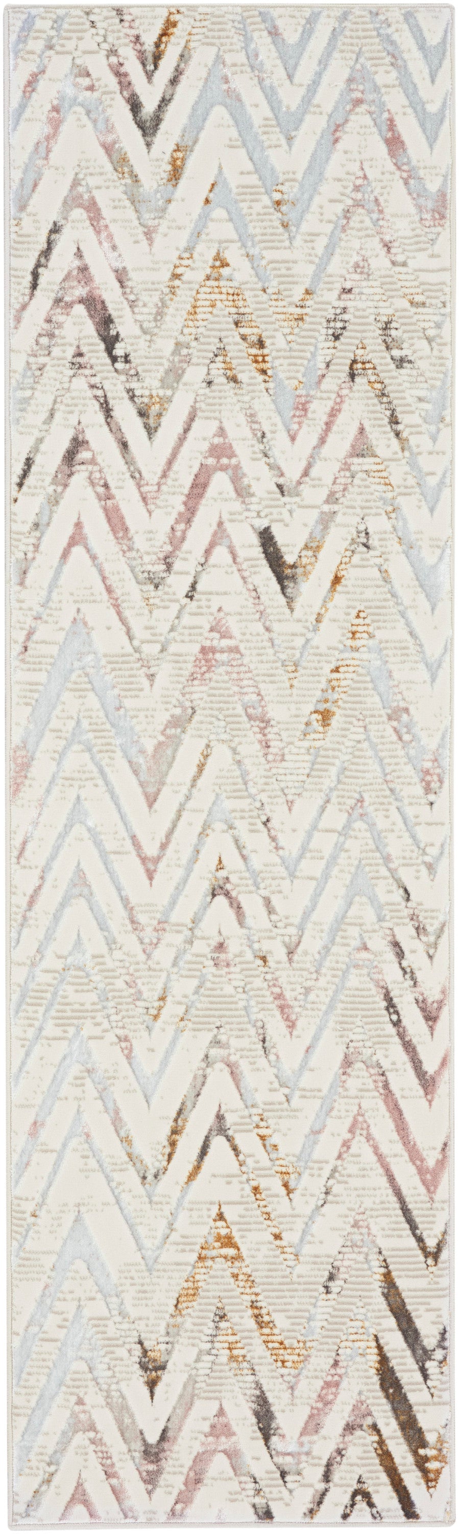 Rectangular area rug with distressed chevron pattern in ivory, pale blue, blush pink, taupe and camel.