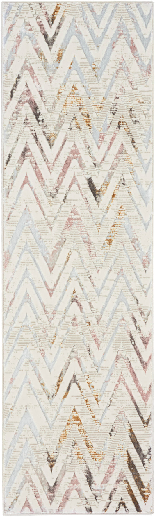 Rectangular area rug with distressed chevron pattern in ivory, pale blue, blush pink, taupe and camel.