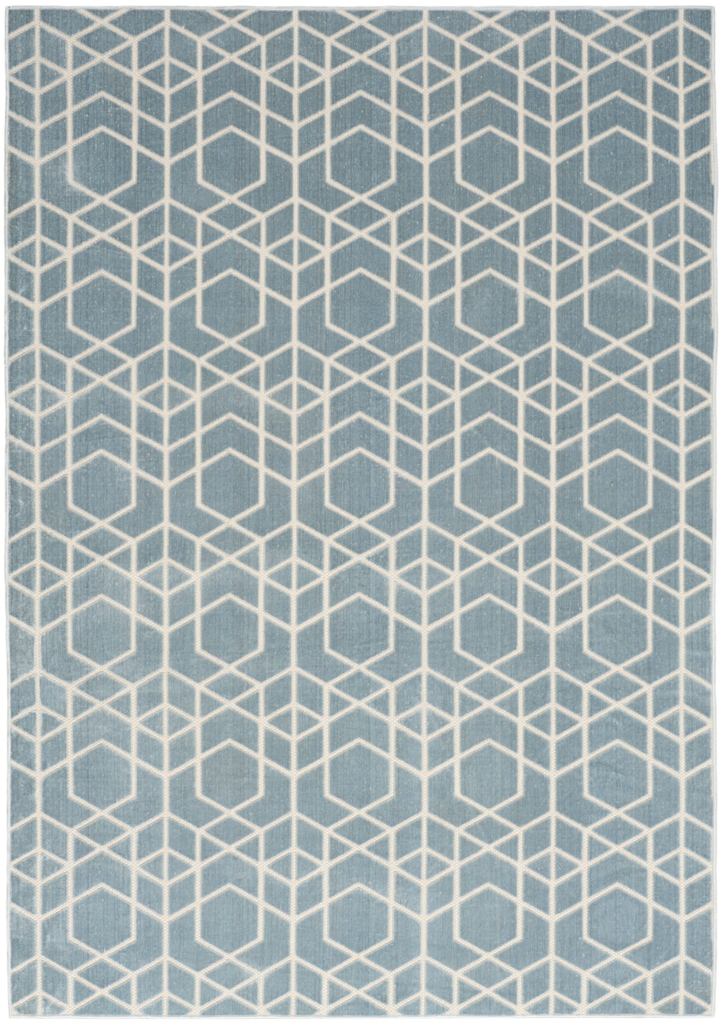 Blue-gray rug with white geometric cube pattern; modern flat-weave area rug for living room or hallway.