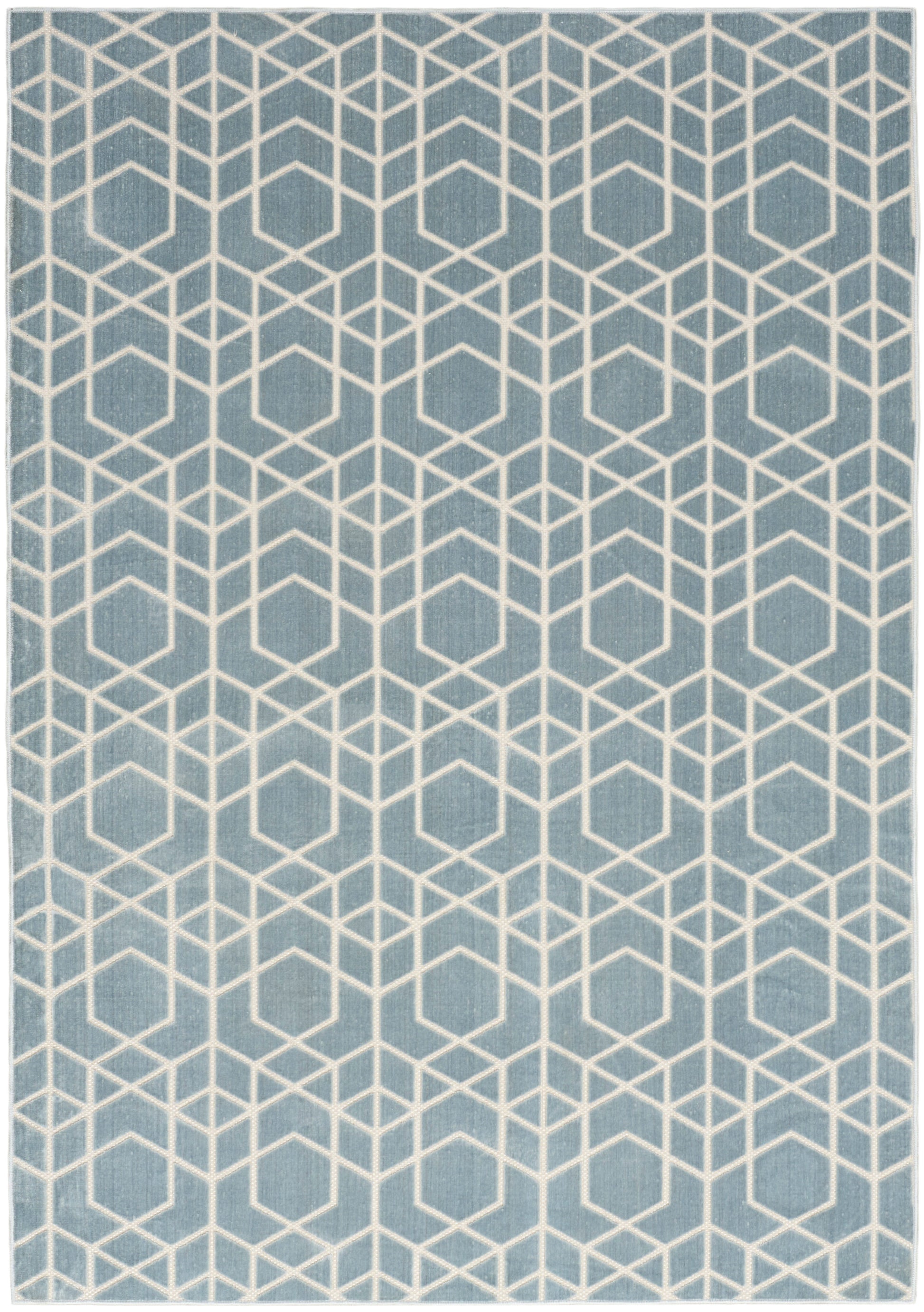 Blue-gray rug with white geometric cube pattern; modern flat-weave area rug for living room or hallway.