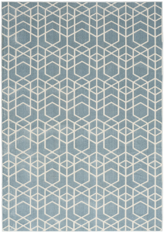 Blue-gray rug with white geometric cube pattern; modern flat-weave area rug for living room or hallway.