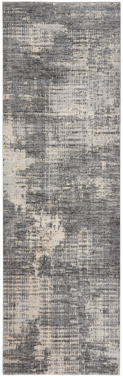 Distressed abstract gray and ivory rug runner with soft pile for contemporary interiors