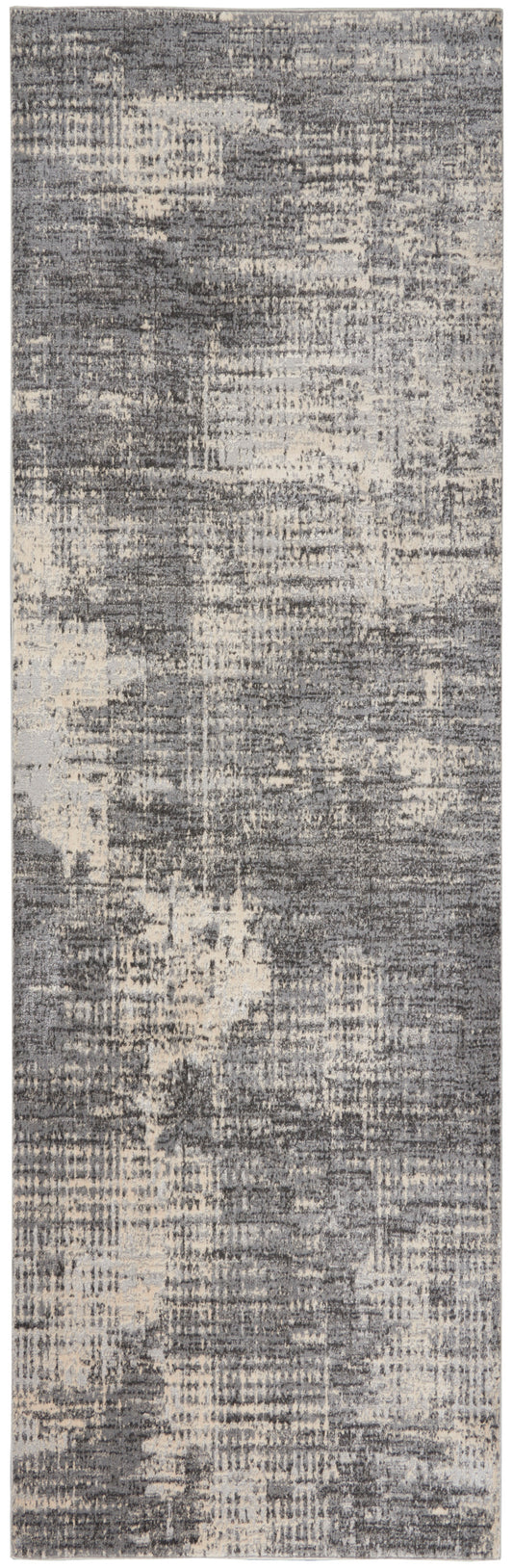 Distressed abstract gray and ivory rug runner with soft pile for contemporary interiors