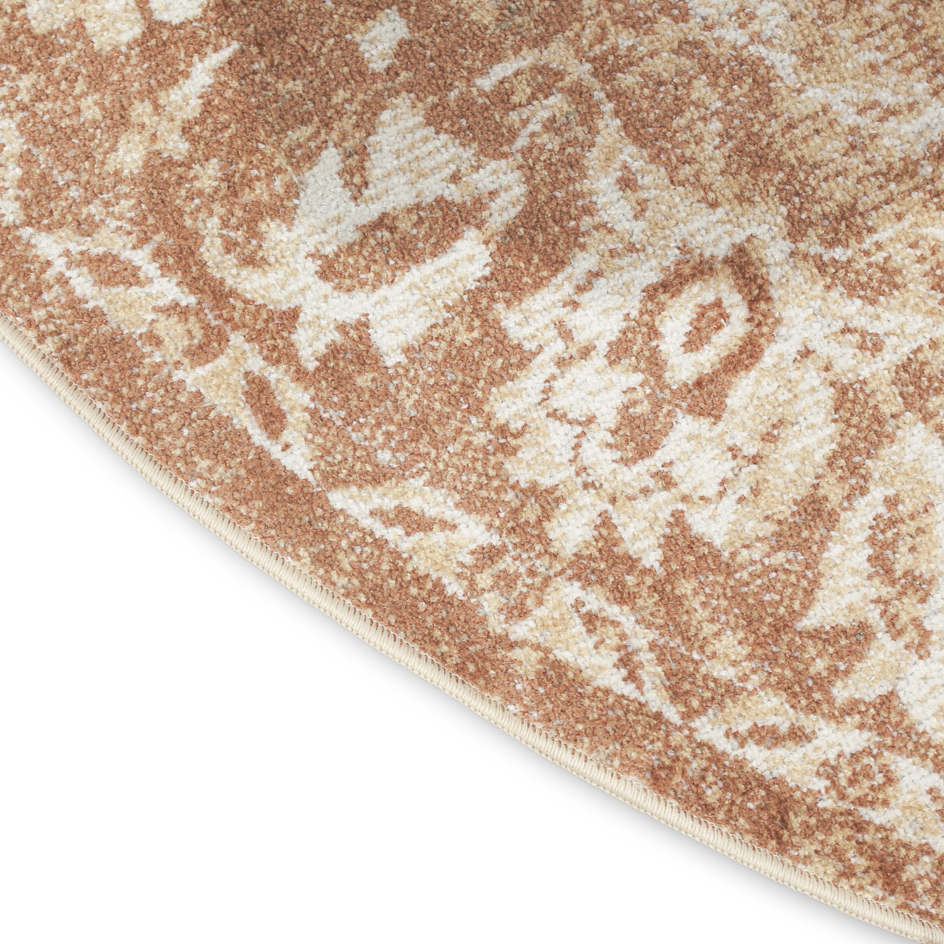 Round beige & ivory oriental rug with tan motifs, plush cut-pile, decorative home floor accent.
