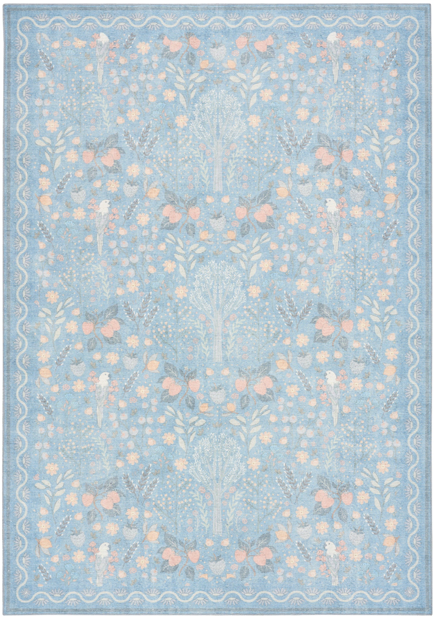 Light blue rug with delicate pink floral motif and pale border, modern design.