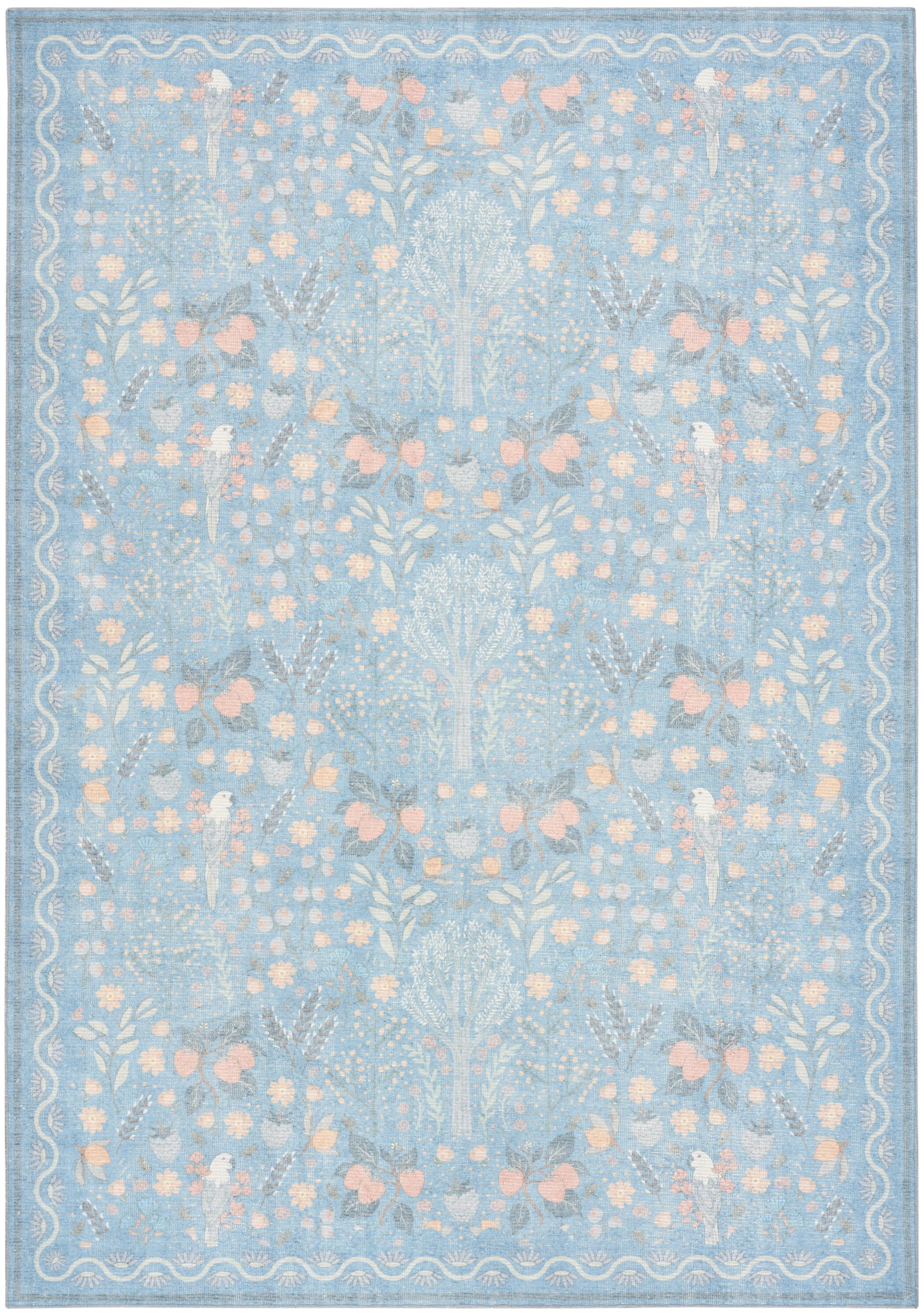 Light blue rug with delicate pink floral motif and pale border, modern design.
