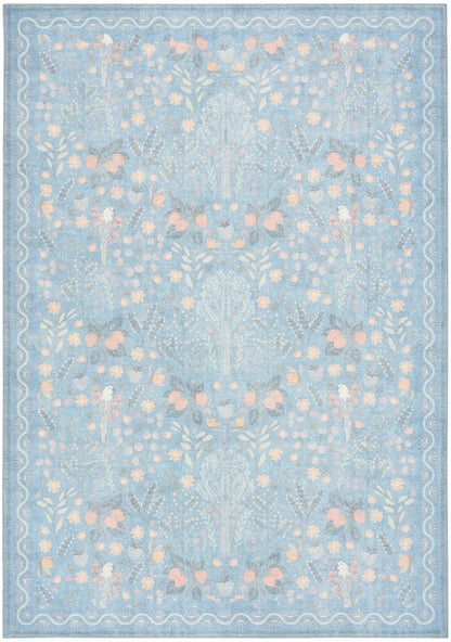 Light blue rug with delicate pink floral motif and pale border, modern design.