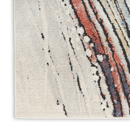 Beige textured rug featuring curved multicolor stripes in red, black and blue on a cream background.