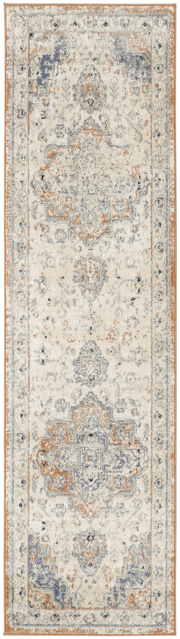 Ivory distressed oriental runner rug with blue and orange accents, ornate central medallion, bordered edges.