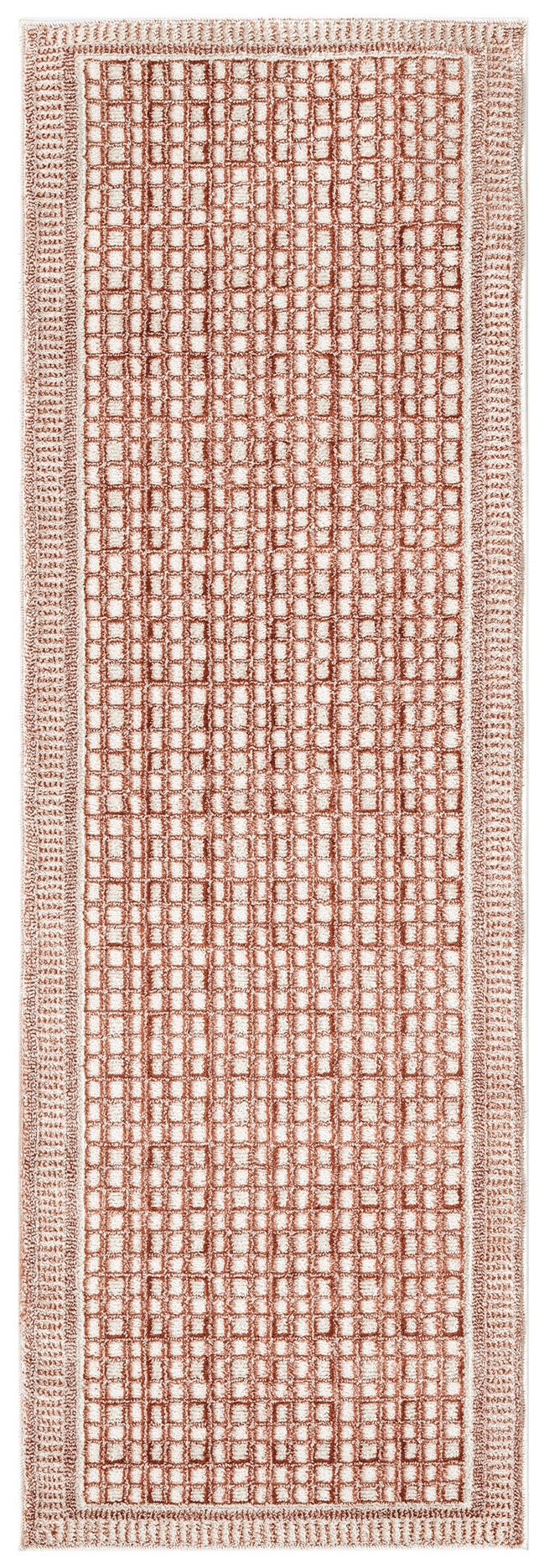 Coral-pink rectangular rug runner with a dense square-grid pattern and bordered edge.