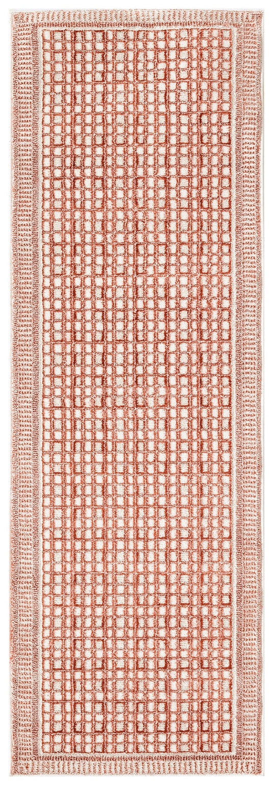 Coral-pink rectangular rug runner with a dense square-grid pattern and bordered edge.