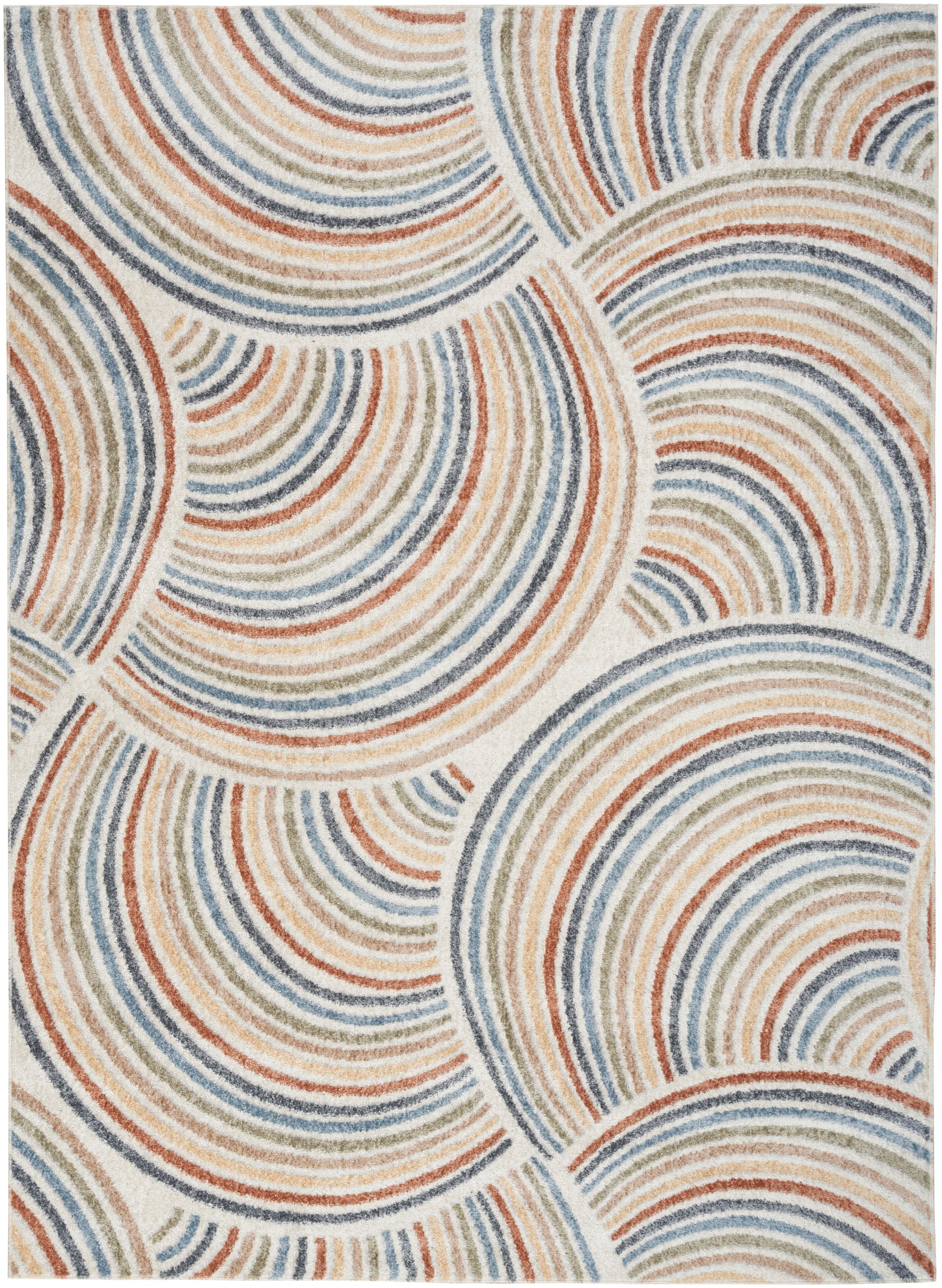 Rectangular woven area rug with overlapping circular arc patterns in blue, orange, and beige.