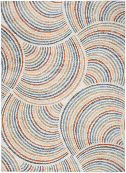 Rectangular woven area rug with overlapping circular arc patterns in blue, orange, and beige.