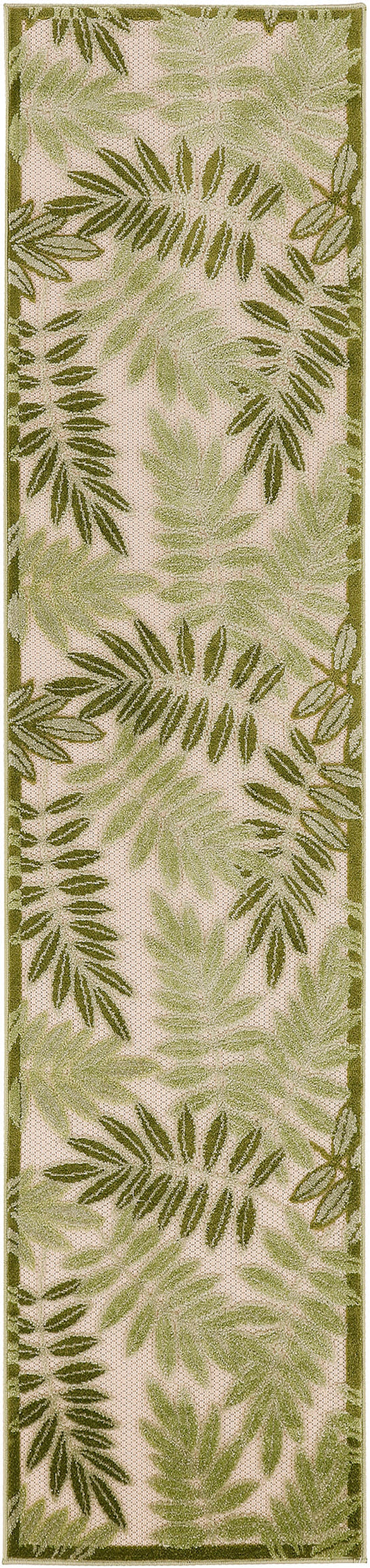 Green palm-leaf patterned runner rug on beige with olive border, woven texture.
