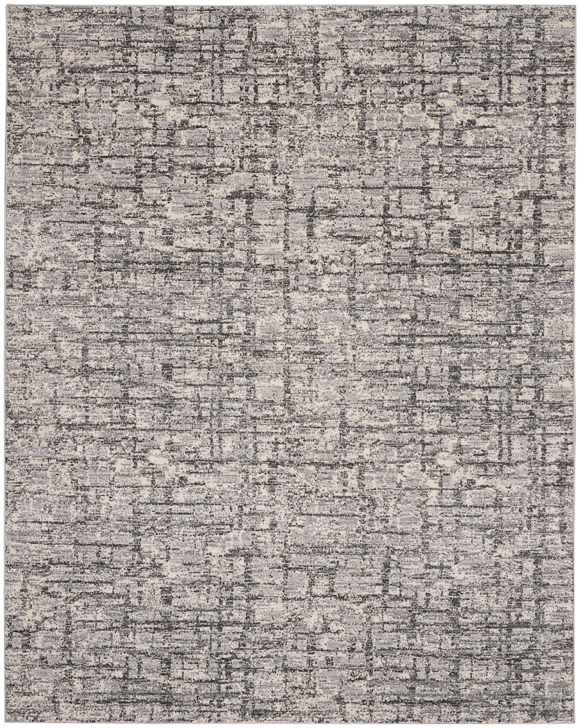 Rectangular grey-beige distressed abstract rug with muted tonal pattern for modern decor.