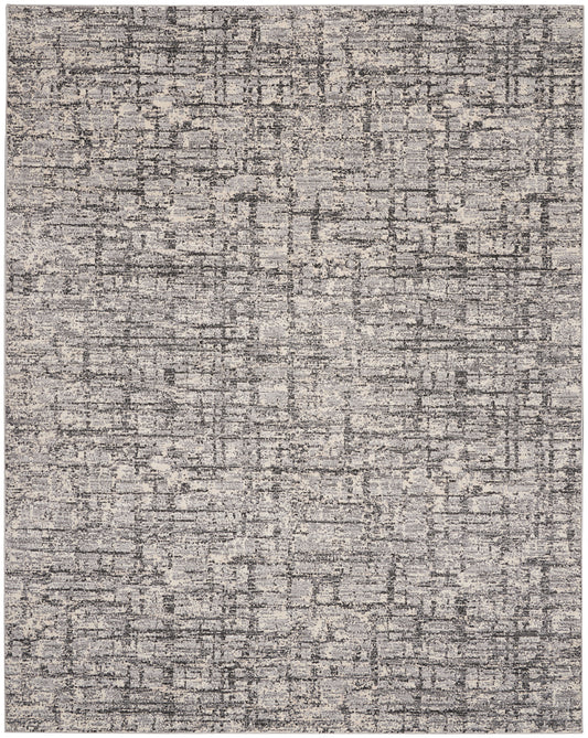 Rectangular grey-beige distressed abstract rug with muted tonal pattern for modern decor.