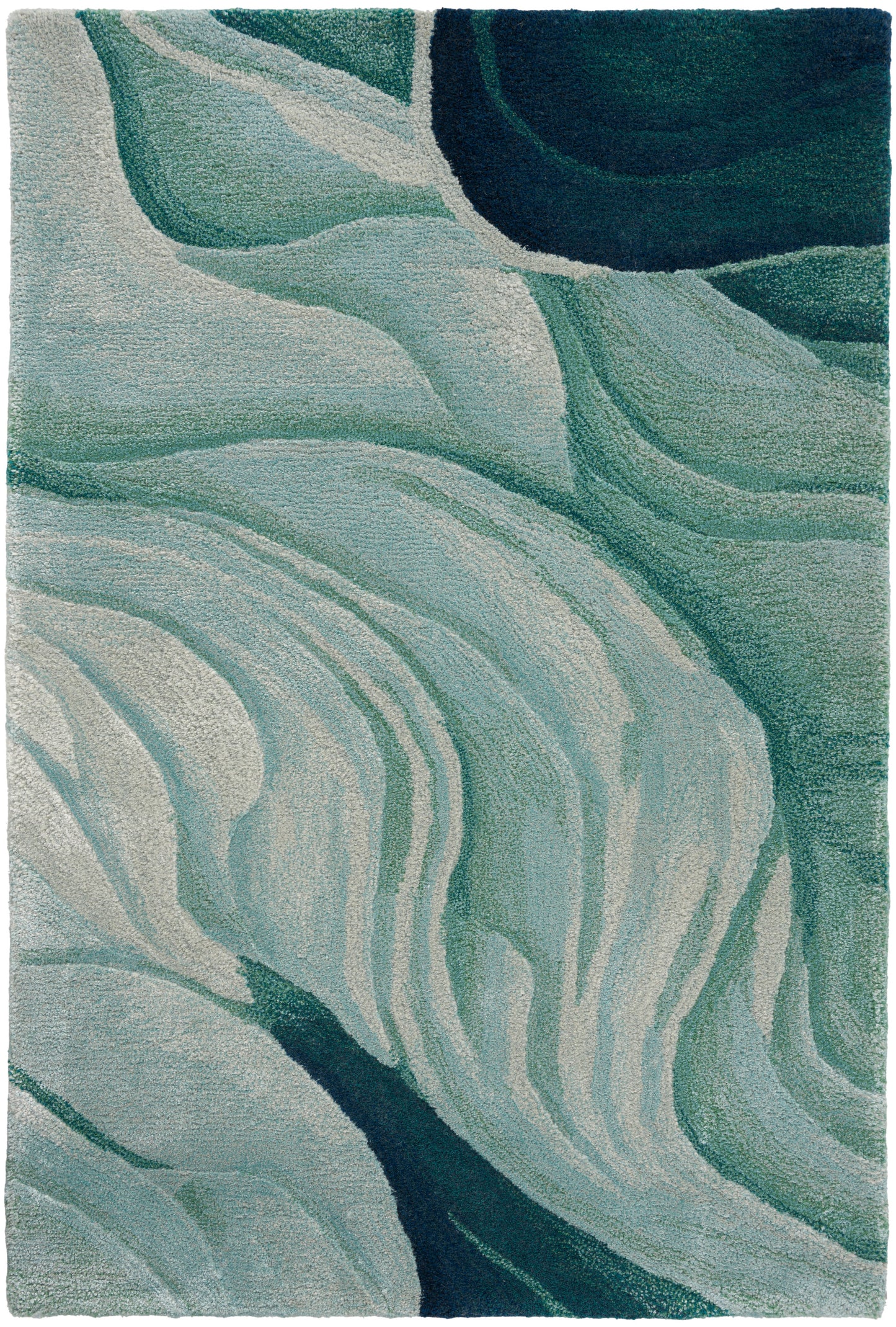 Abstract teal and aqua area rug with flowing wave patterns in seafoam greens and blues, plush pile.