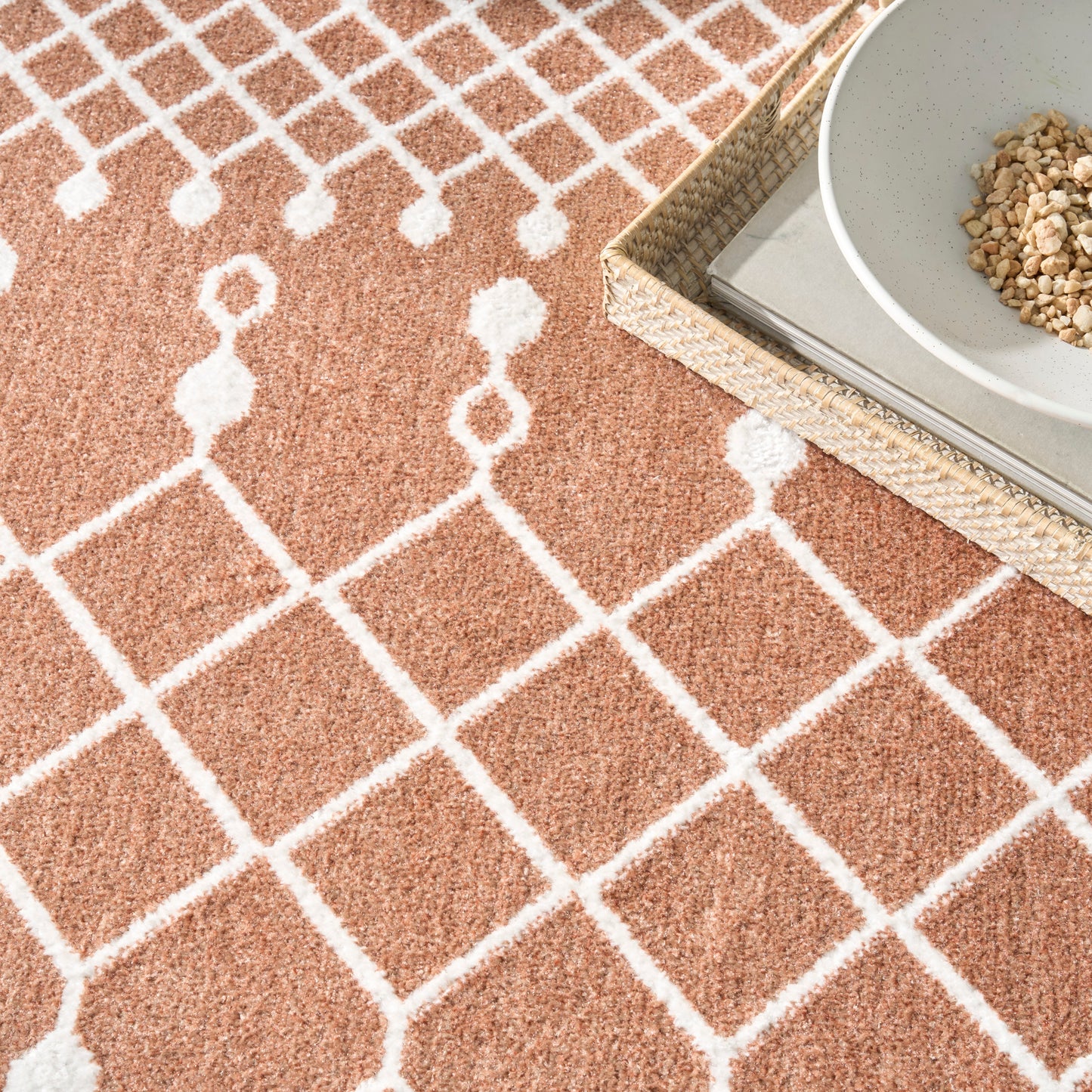 Peach geometric rug with white lattice pattern; wicker tray holds a ceramic bowl and dry kibble.